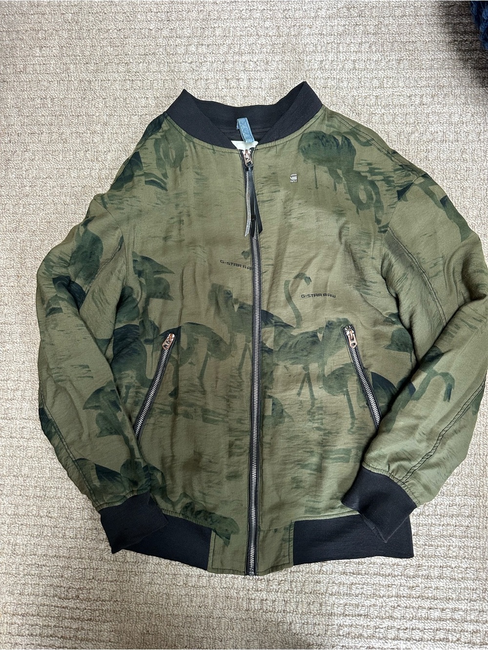 G-Star Raw Men’s Green Camo Flamingo Pattern Full Zip Bomber Jacket Sz XS